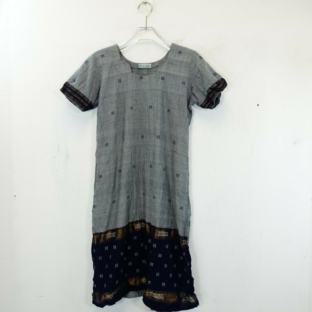 Indian Tunic Shift Dress Womens S Grey Blue Boho High Slit Kaftan SHE FASHIONS